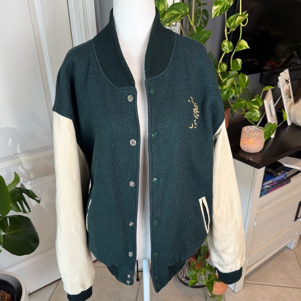 Disney Varsity Jacket in Forest Green and Cream oversized XL, wool